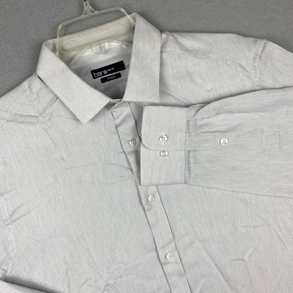 Bar III Mens Slim Fit Stretch Dress Shirt White Blue Micro Print 16 32-33 L NEW